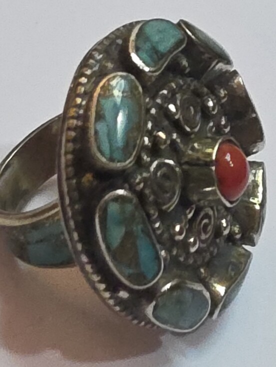 Vintage Native American Baird Signed Sterling Silver  VINTAGE SILVER TURQUOISE AND CORAL RING 26.2 GRAMS  SIZE 7